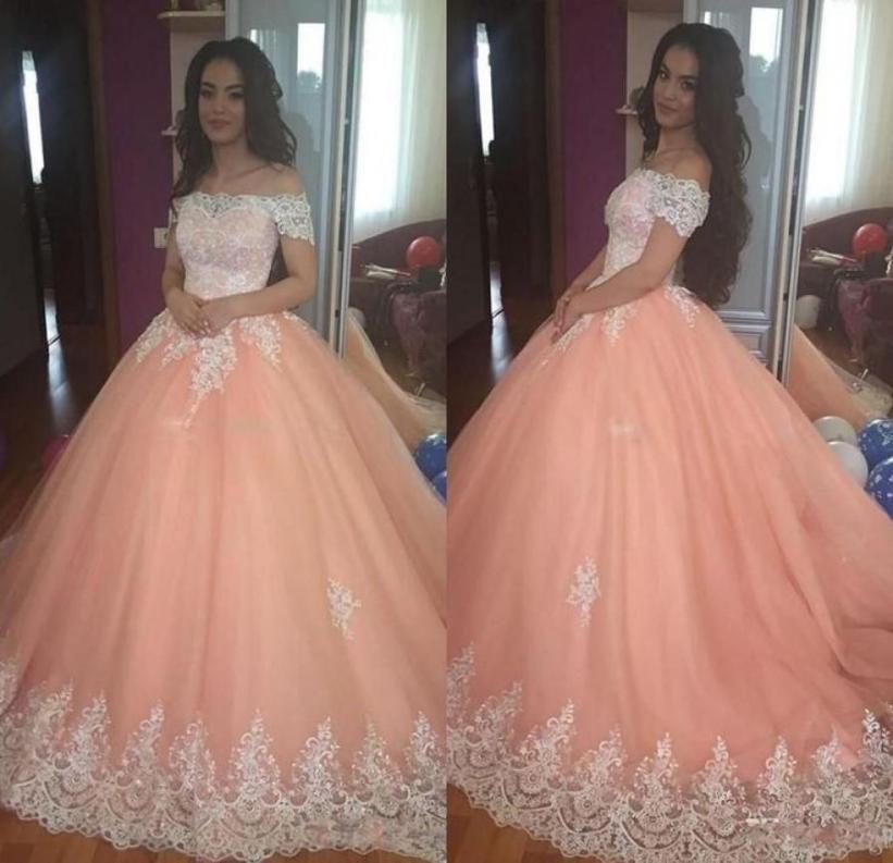 

Peach Sweet 16 Quinceanera Dresses Sexy Off Shoulder Short Sleeves Ball Gown Prom Dress With Applique Corset Fluffy 2020 vestidos 6792193, Hunter