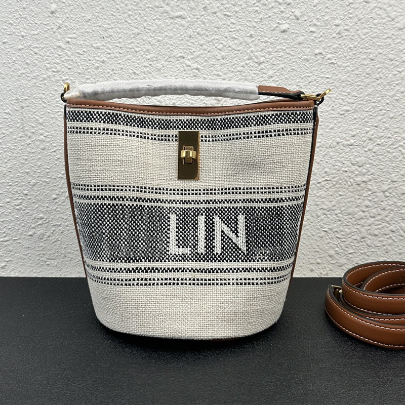 

Embroidered Bucket Bag Women Handbags Linen Cowhide Leather Shoulder Bags Large Capacity Tote Purse Metal Hardware Latch Removable Strap Crossbody Bag, Grey