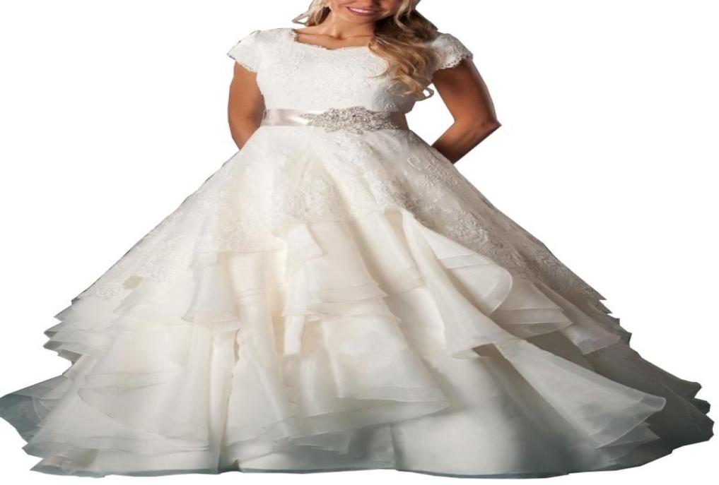 

2019 Aline Wedding Dress Short Sleeves Ruffled Tiered Lace Organza Floor Length Long Train Bridal Gown With Beaded Sash3264824, Ivory