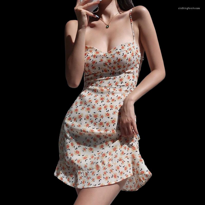 

Casual Dresses Summer Women Clothing Sexy Sling Hollow Short Dress Ladies High Street Print Floral Middle Waist Sleeveless Beach, Orange