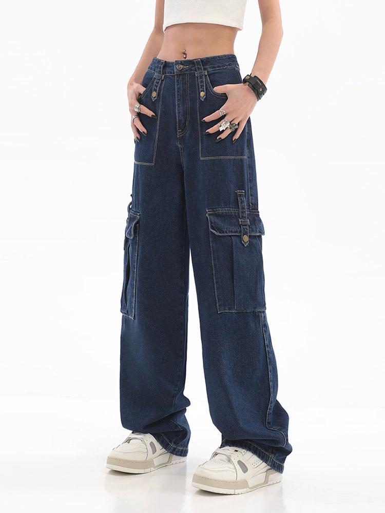 

Dresses 2022 Vintage Baggy Jeans Women's Pockets Wide Leg Cargo Pants Y2k Streetwear Haruku Casual High Waist Denim Straight Trousers, Blue