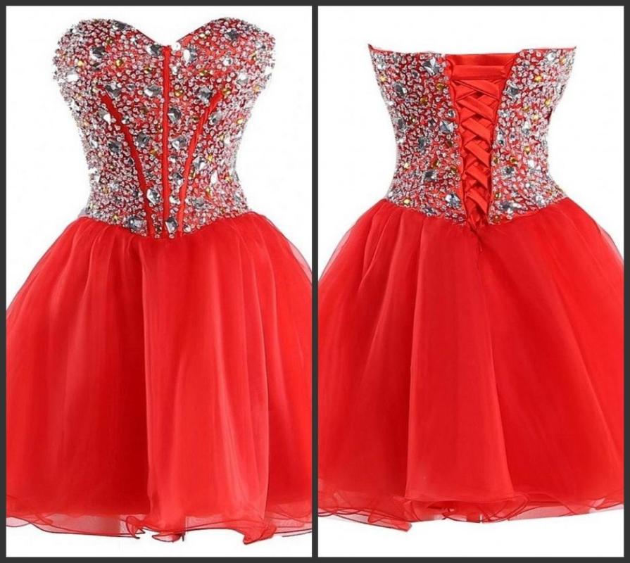 

Red Dress Cheap Party Gown Short Mini Wear Crystals Beading Lace Up Back Sequin Dress Sleeveless Sweetheart Neck Custom Sweet 15 D8979628, Water melon