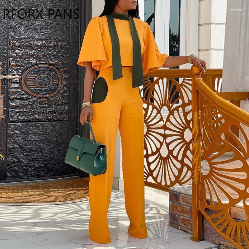 

Women' Two Piece Pants 2023 Women Elegant Patchwork Top Half Long Ruffle Sleeves With Scarf High Waist Straight Leg Sets, Orange