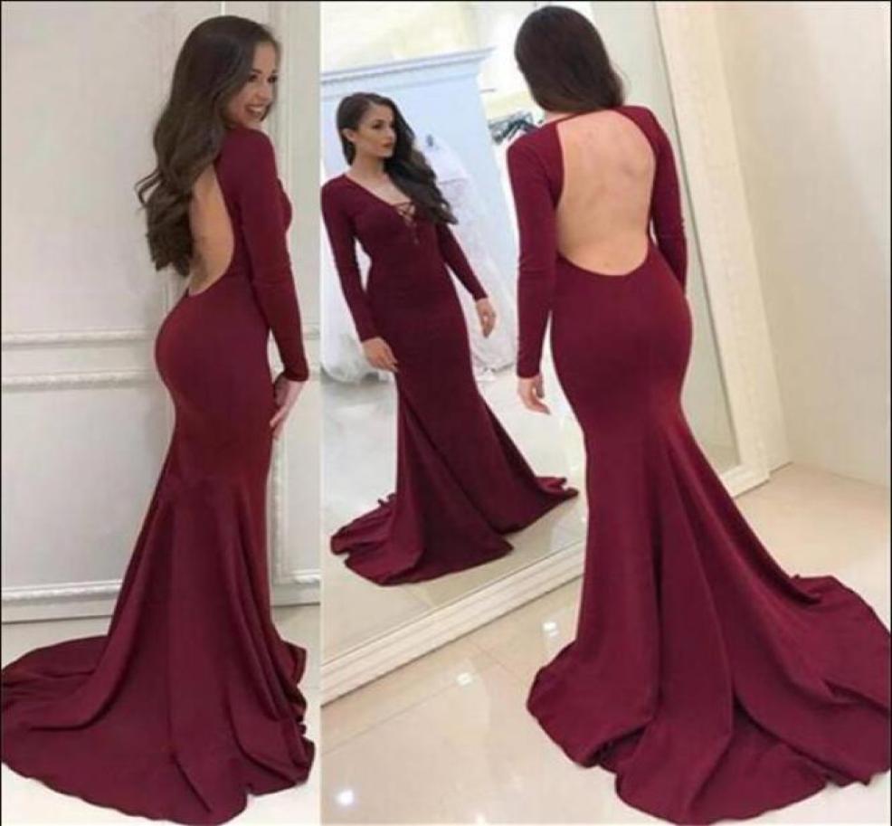 

Sexy Open Back Burgundy Long Sleeve Evening Dresses 2018 Court Train Simple Red Carpet Gowns Formal Prom Wear Custom6985474, Light yellow