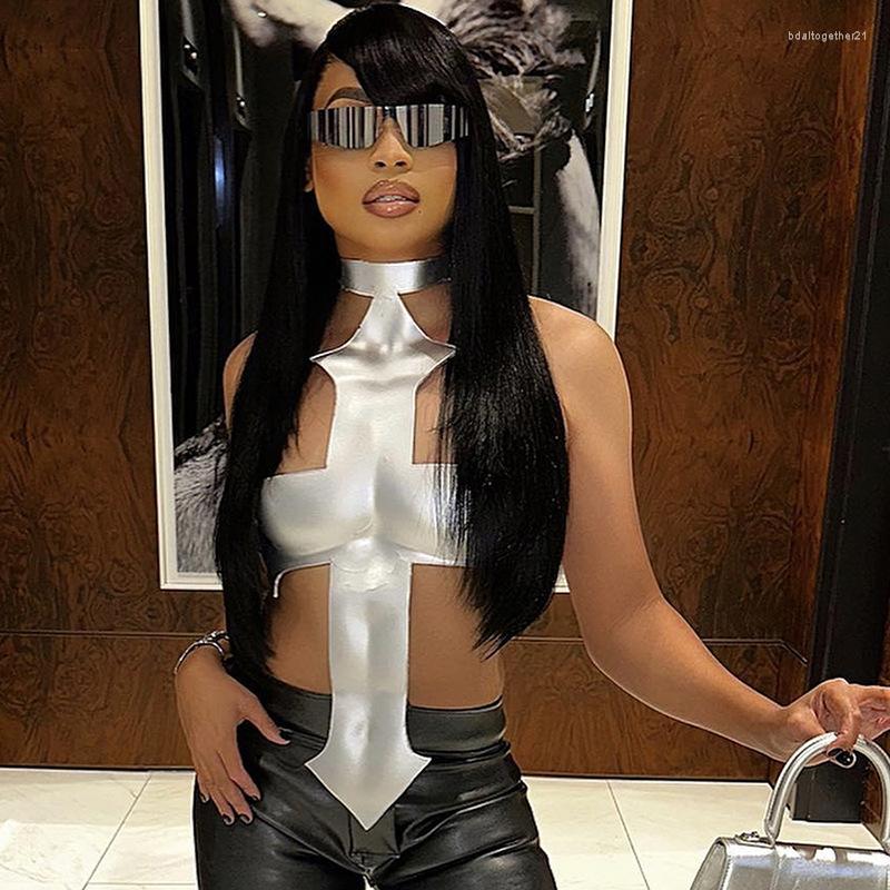 

Women's T Shirts 2023 Spring Summer Bright Silver Irregular Crop Top Women Sexy Stunning Halter Off Shoulder Sleeveless Unique Shape Vest