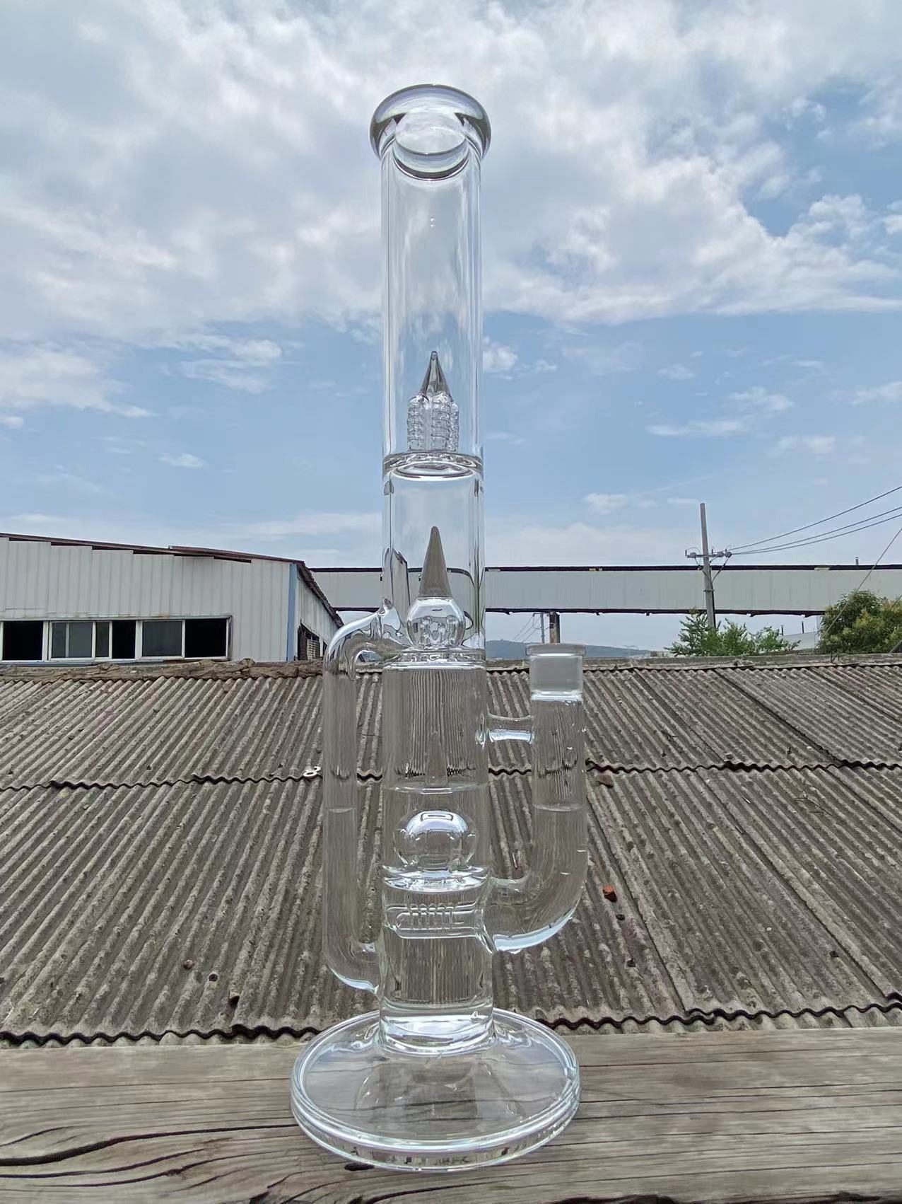 

Smoking Pipes clear color bong high quality 18mm joint 18 inch 2 inline percs to 2 horn grid cap to 4 inv splash