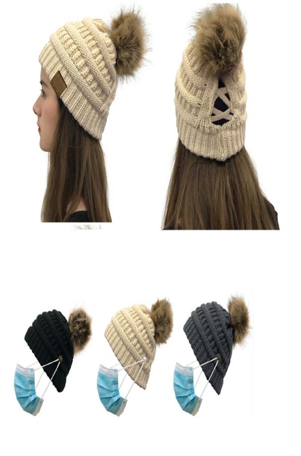 

Winter Warm Hat for Women Knitted Criss Cross Pom Poms Beanies Crochet Hats Womens Ponytail Beanies Girls Ski Caps Pompom Hat 10206141860, Khaki
