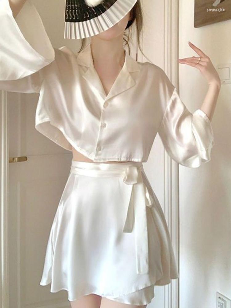 

Work Dresses Summer White Sweet Two Piece Set Women France Vintage Hight Waist Skirt Suit Female Korea Style Mini Elegant 2023