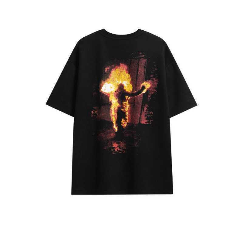 

European and American hiphop flame round neck short sleeved t-shirt for men and women in summer ins trendy cool style niche design high street top trendy stussys, White 200g