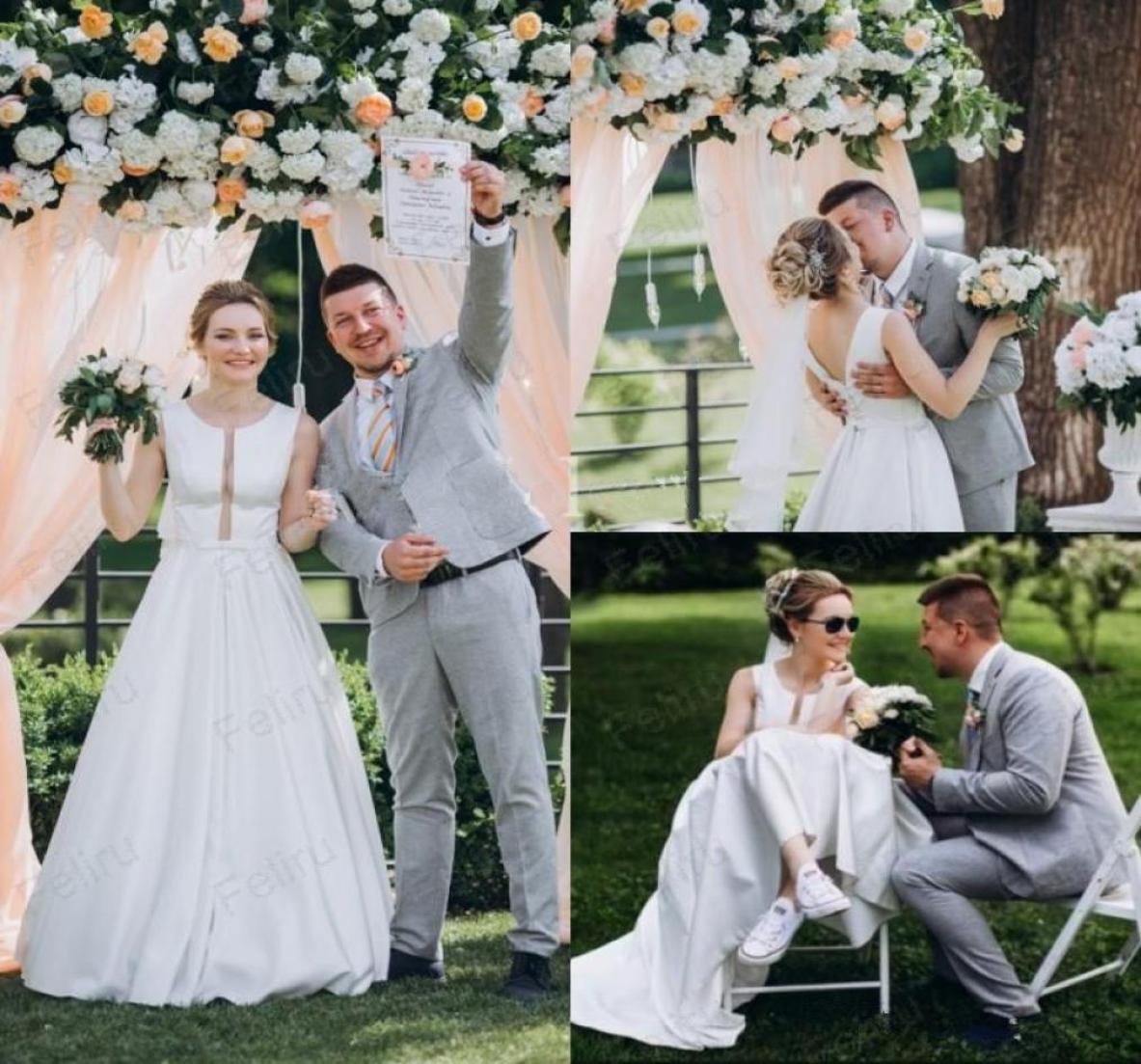

Country Garden Stain Wedding Dresses 2020 Jewel Sleeveless Open Back Sweep Train Modest Simple A Line Bridal Gowns Vestido De Novi1441439, Ivory