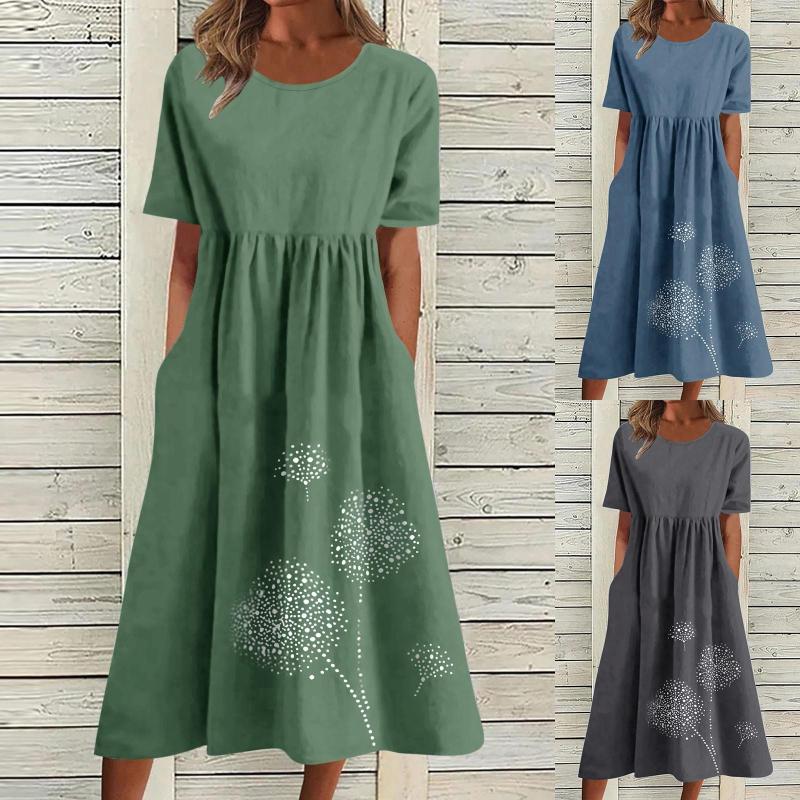 

Casual Dresses 2023 Women Cotton Linen Dress Short Sleeve Crewneck Pocket, Blue