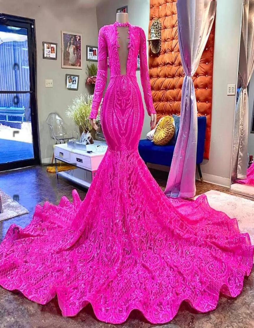 

Black Girls Fuchsia Mermaid Evening Dresses 2023 Long Sleeves Sparkly Sequin Lace Luxury Party Prom Gowns GJ02221923711