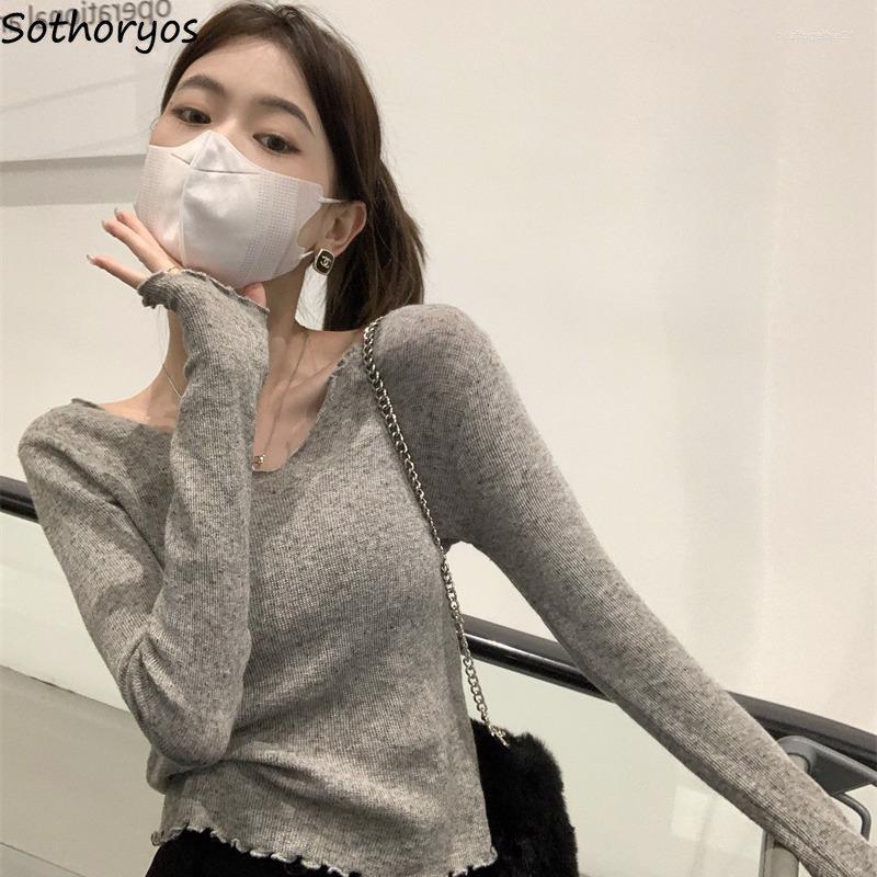 

Women' T Shirts Gray V-neck T-shirts Women Long Sleeve Fashion Korean Style All-match Sexy Cropped Slim Inside Casual Graceful Knitwear