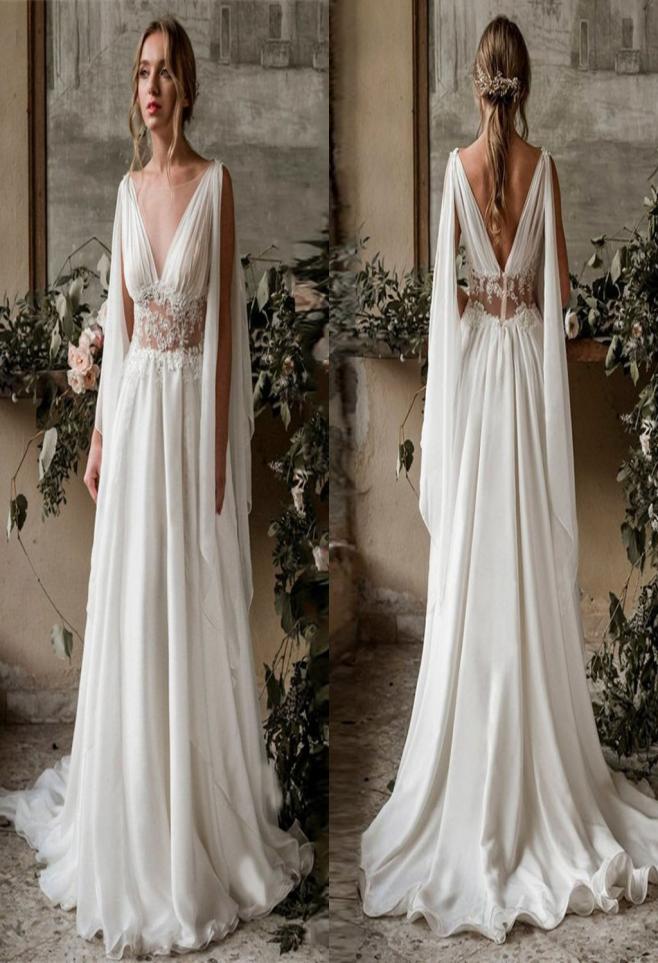 

Sexy Deep V neck See Through Waist Wedding Dress Applique Beaded Flowing Shawl Chiffon Ruched Wedding Dresses Bridal Gowns1063249, Custom made from color chart
