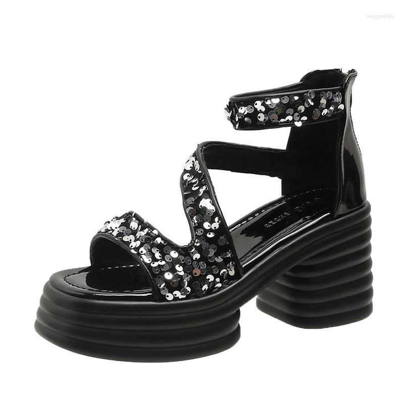 

Sandals 2023 Summer Fashion Casual Women Platform Square Head Sequins Roman Shoes Chunky Heel Sandal Ladies, Black