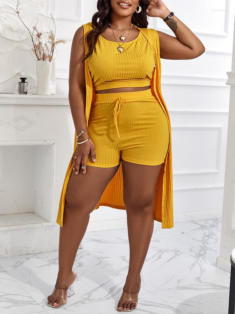 

Women's Tracksuits Plus Size 3PCS Ribbed Crop Tank Top & Shorts Set With Vest Coat, Apu3121b