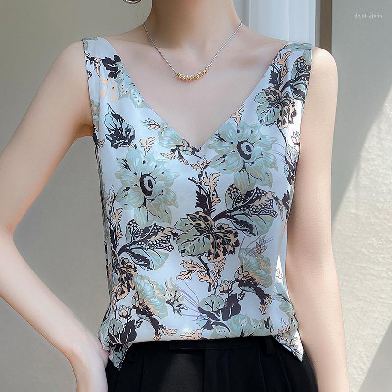 

Women' Tanks 2023 Summer Print Tank Top Double-shoulder V-neck Silk Sling Fashion Jacquard T-shirt Tops, A07