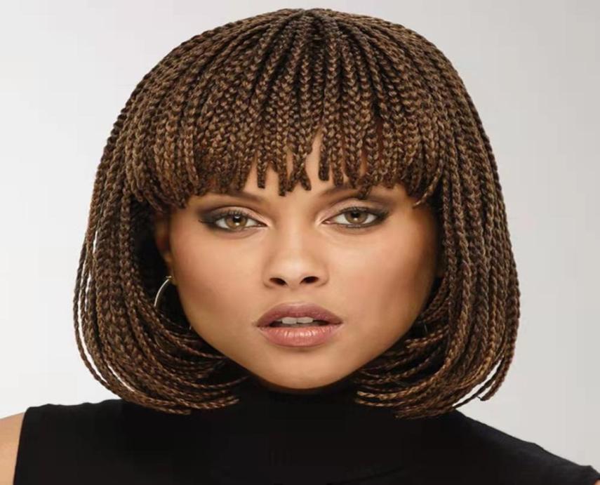 

Box Braided Synthetic Bobo Wig Simulation Human Hair Wigs Brown Perruques With Bangs B26225165105, Medium brown
