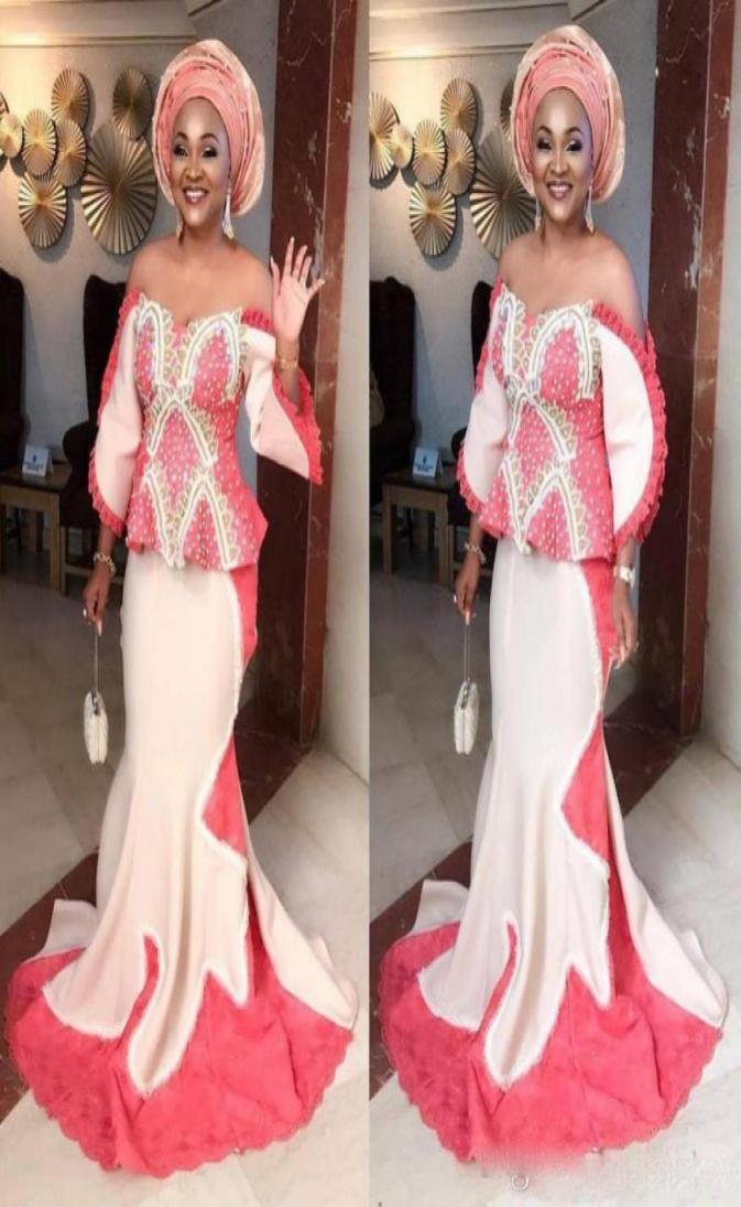 

Aso Ebi Plus Size Mermaid Evening Gowns Off The Shoulder Peplum Long Sleeves Prom Dress Saudi African Formal Party Dress Women Wea6306010, Nude