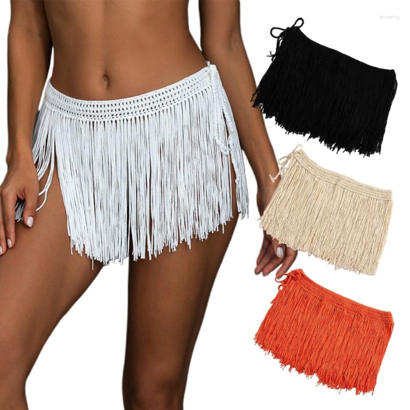 

Women's Swimwear Womens Boho Beach Tassel Mini Skirt Music Festival Party Club Hip Scarf Belt Wrap Crochet-Cover Up, Khaki