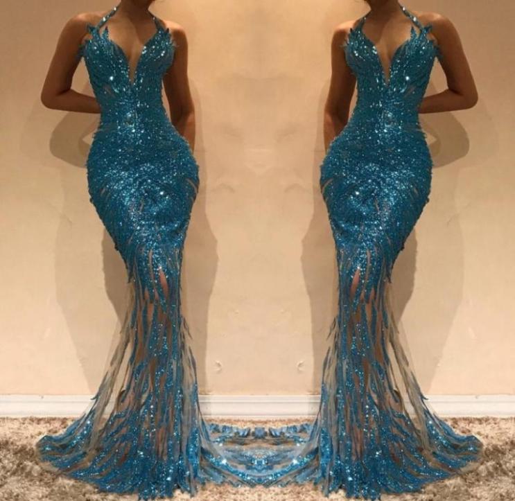

Mermaid Illusion Hunter Sequins Prom Dresses Evening Gowns Halter Sleeveless Sexy Backless Long Cheap Prom Dress 20199383209, Ivory