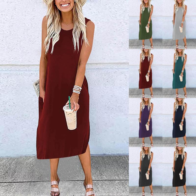 

Casual Dresses Women's Fashion Summer Crewneck Solid Color Sleeveless Slim Dress Elegant For Party 2023 Vestido Feminin, Army green