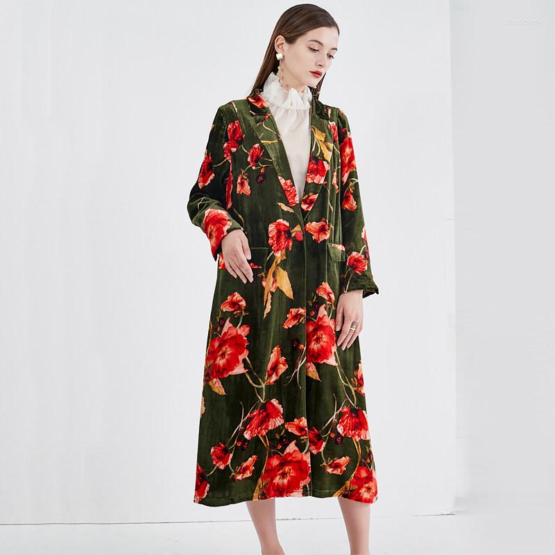 

Women' Trench Coats High-End Luxury Silk Velvet Coat Autumn And Winter Vintage Style Print Long Loose Elegant Gold Windbreaker -XXL, Green