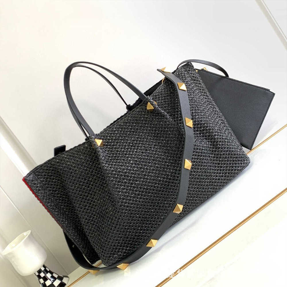 

2023 Summer New designer valentino bag women gym waist chain bags Y4UB V-Button Willow Nail Chain Tote Bag Shopping Bag Crossbody handBag Lafite Woven, Black (large)