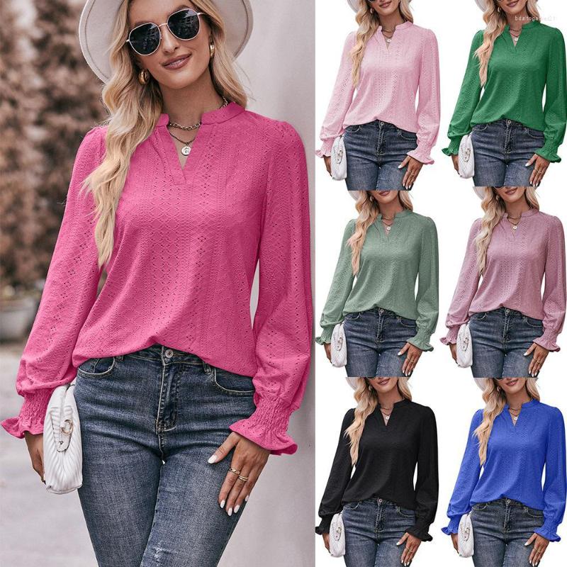 

Women' T Shirts Autumn 2023 Women' Pure Color T-shirt Hole V-neck Long-sleeve Umbrella Sleeve Blouse, Black