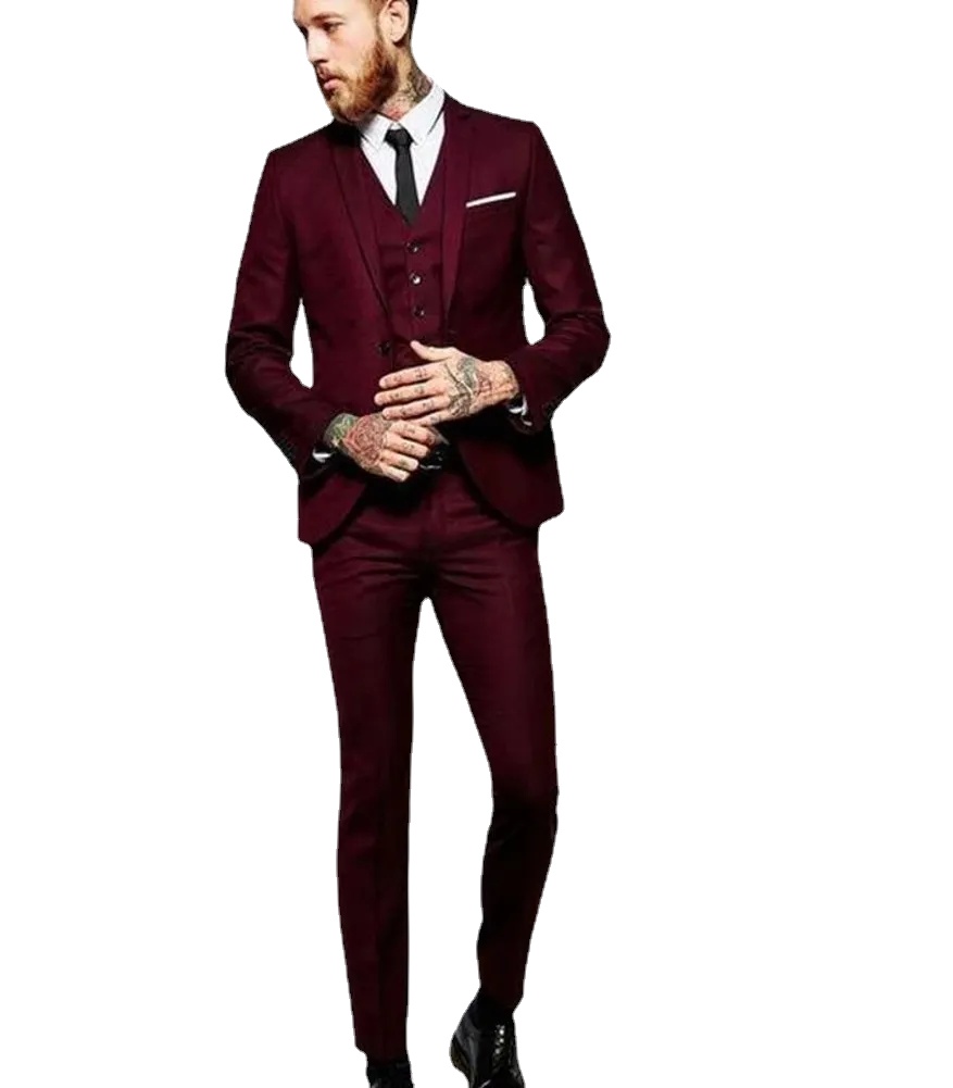 

Handsome Burgundy Wedding Tuxedos Slim Fit Suits For Men Groomsmen Suit Three Pieces Prom Formal Suits Jacket Pants Vest C0819, 3pcs (jacket +pants+vest)