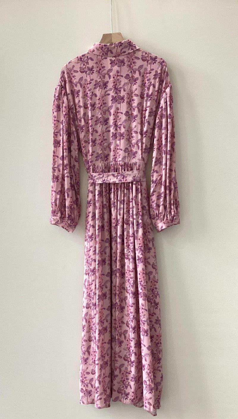

Casual Dresses Women's Colorful Floral Round Neck Lace Up Turndown Collar Long Dress