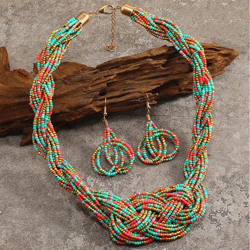 

Necklace Earrings Set Bohemia Jewelry Accessories Colorful Handmade Seed Beads Chinese Knot Braided Ethnic Beaded Drop, Picture shown