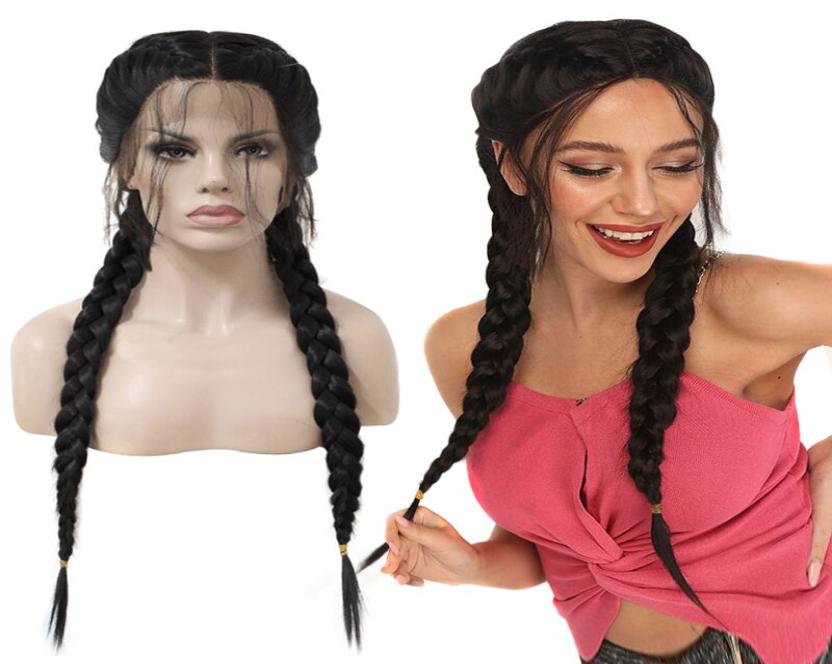 

Middle Part Long Double Braids Straight Natural Black Braided Synthetic Light Brown Swiss Lace Front Wig With Baby Hair new1789817, Natural color