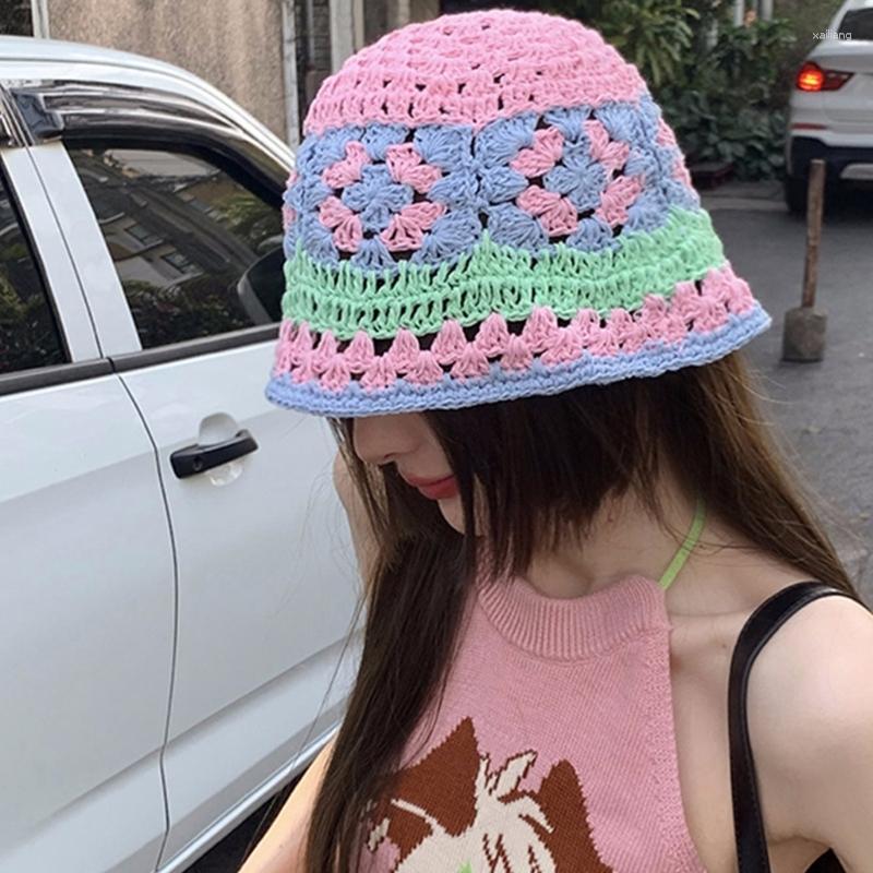 

Berets Handmade Women Hat Y2K Girl Bucket Pilling Resistant Flower Sunproof Female Selfie Beanie Hollowed Out Party Wholesale, Yellow blue