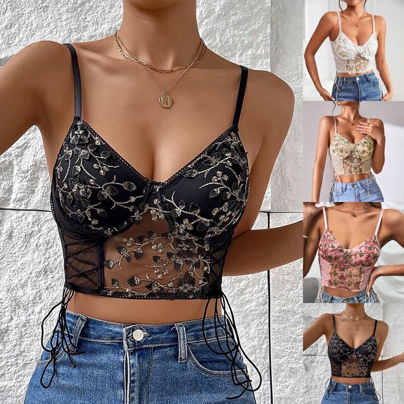 

Women' Tanks Women Sexy Corset Top Lace Flower Embroidery Pink Tank Tops Summer Mesh Y2K Crop Camisole Straps Backless Camis Vest Bustier, Beige-a