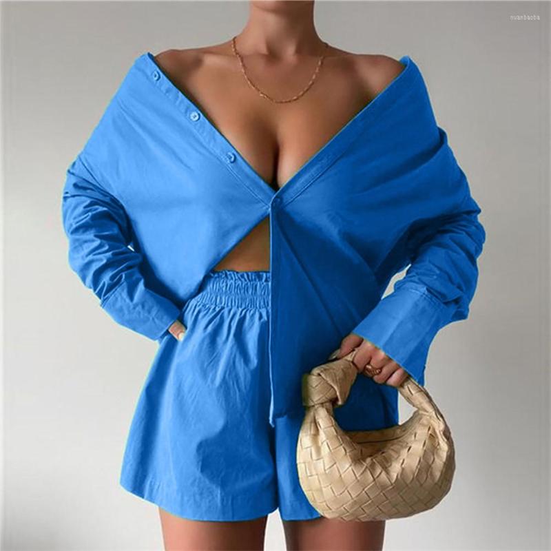 

Women's Tracksuits Women Summer Bohemian Cotton Long Sleeve Shirt Stretch Waist Mini Shorts Sets Solid Loose Outfits Blouse Suit 2 Two Piece, Blue