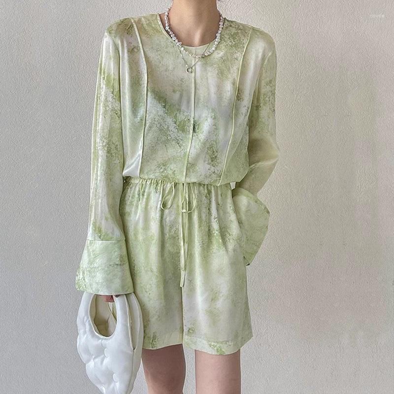 

Women' T Shirts 2023 Niche Style RDW Chic Commuter Light Green Ink Painting Print Zip Round Neck Long Sleeve Shirt High Waist Shorts Set