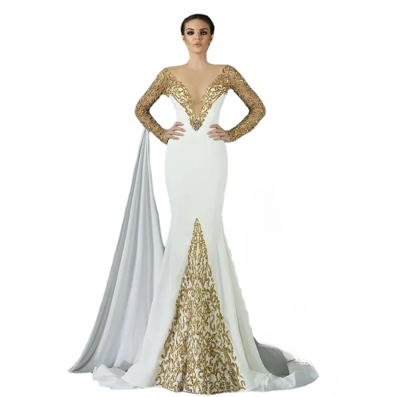 

Arabic Gold Beaded Mermaid Dresses Evening Wear Deep V Neck Sequined Prom Gowns Vestidos De Fiesta Sweep Train Long Sleeves Formal Dress, White