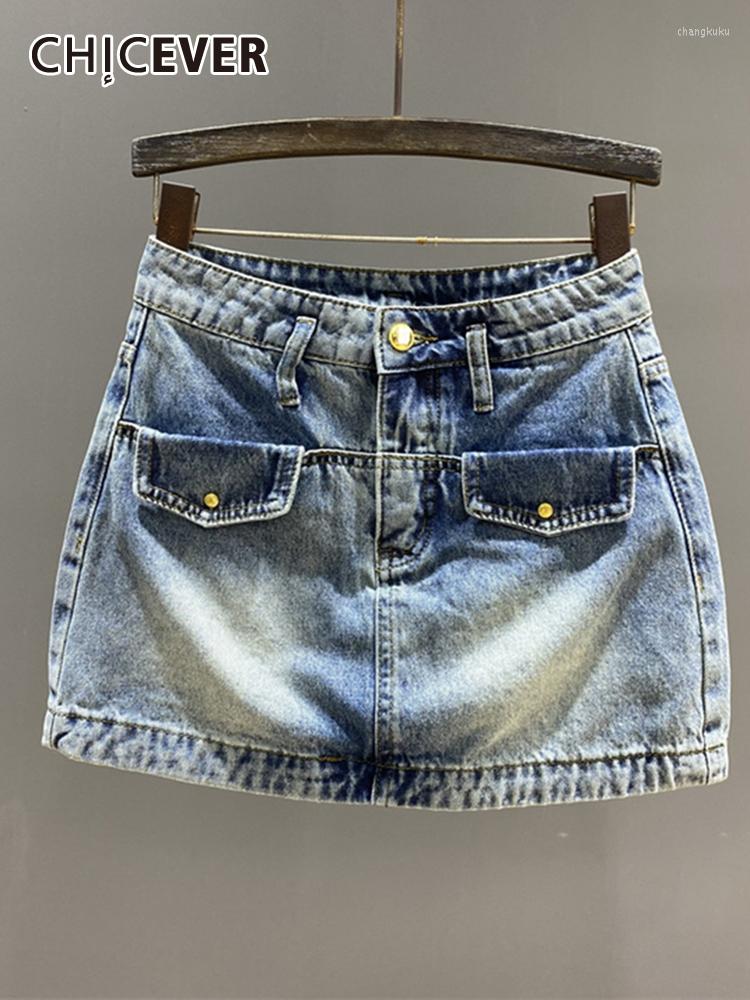 

Skirts CHICEVER Patchwork Pockets Denim For Women High Waist Spliced Button Folds Hit Color Vintage Summer Mini Skirt Female, Black