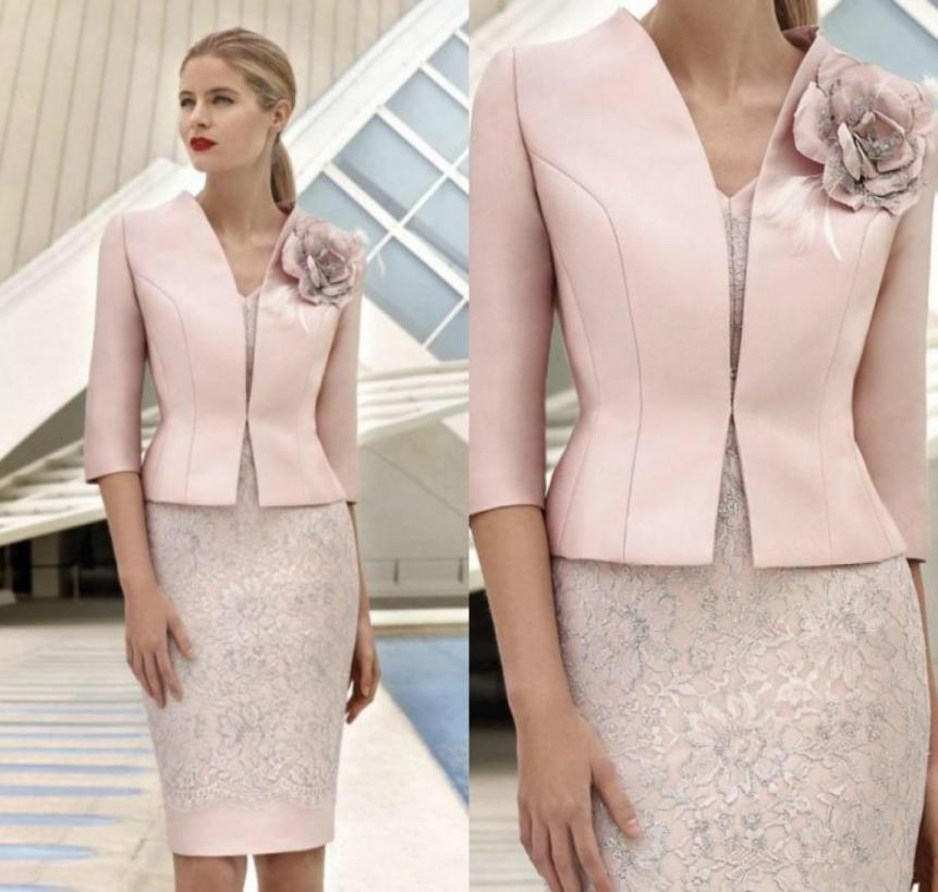 

Elegant Pink Mother Of The Bride Dresses With Jacket Lace Appliqued Beads Wedding Guest Dress Knee Length Formal Mother Outfit Pro1310912
