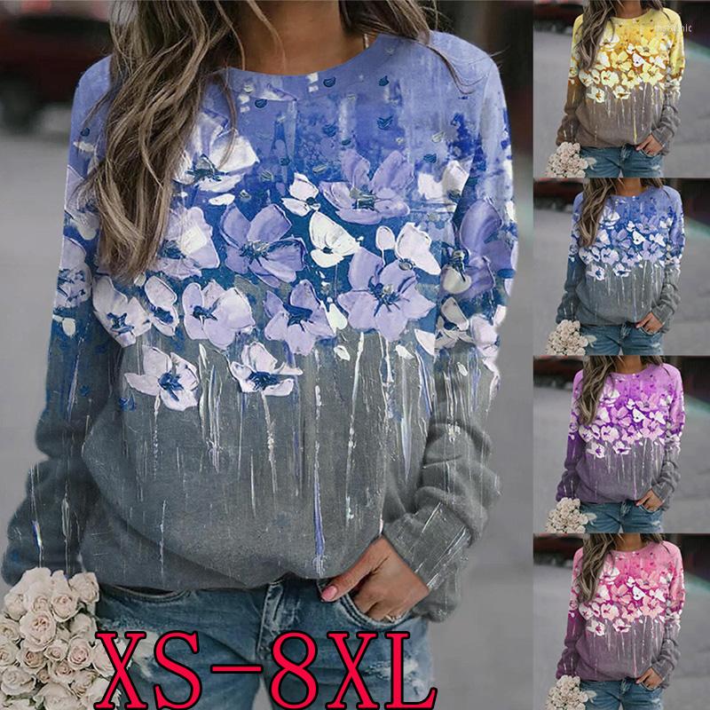 

Women's T Shirts Autumn Winter Vintage Pullover Sweater Round Neck Floral Print Long Sleeve Elegant Top Loose T-shirt -8X, Blue