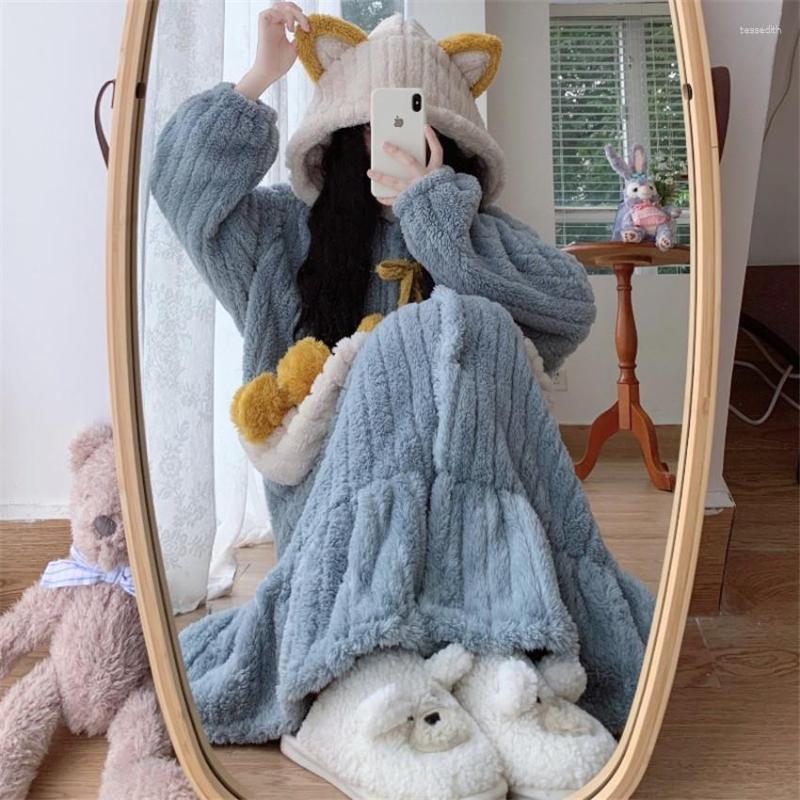 

Women's Sleepwear Autumn Winter Women Long Sleeve Nightgown Flannel Nightgowns Girls Hooded Night Dress Cute Princess Coral Fleece W1614, Blue