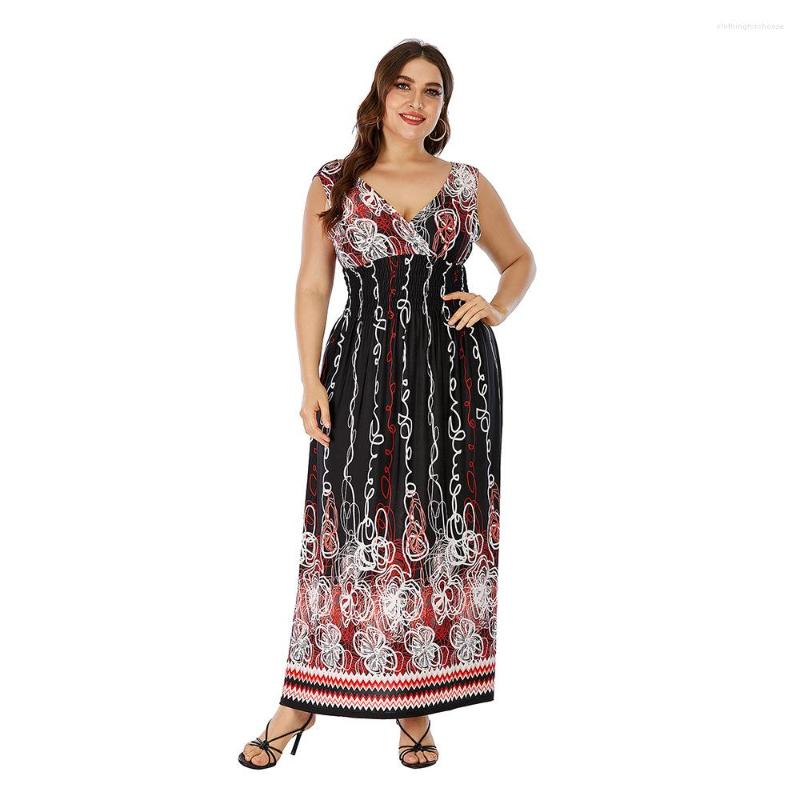 

Casual Dresses Summer Selling Fat Sister Large Dress Elastic Waist Graffiti Wind Ice Silk Holiday Beach Long Plus Size, Black