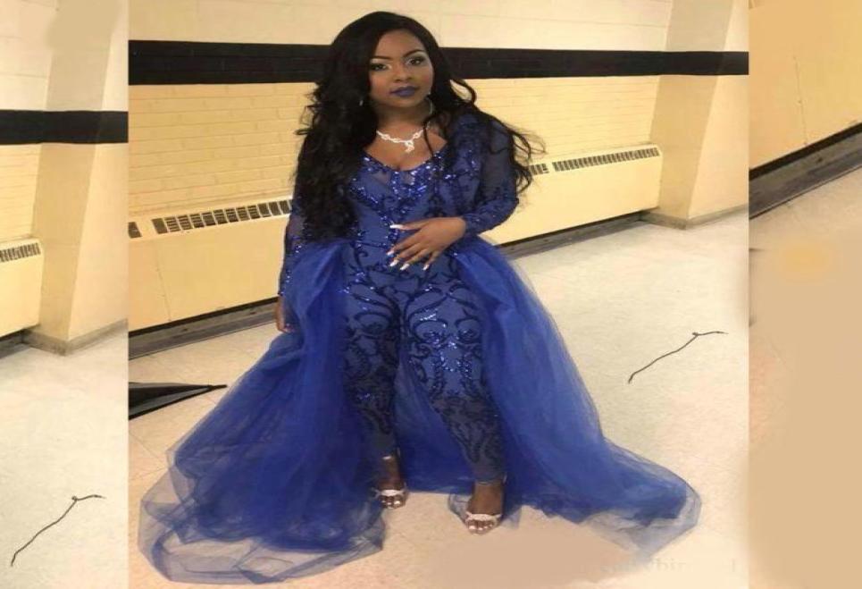 

Royal Blue Jumpsuit Prom Dresses With Overskirts V Neck Long Sleeve Sequined Evening Gowns Plus Size African Pageant Pants4649080, Champagne