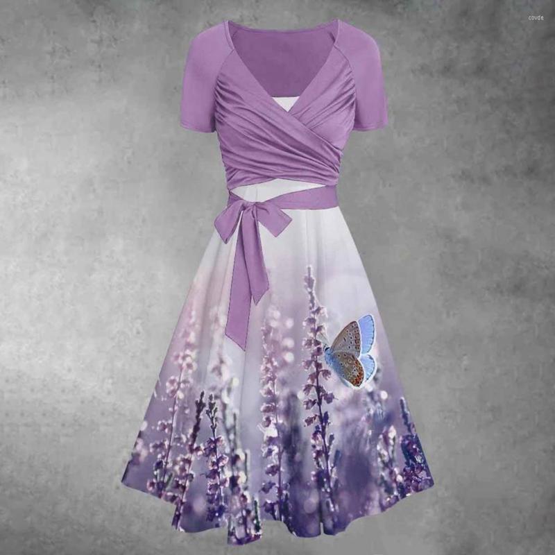 

Casual Dresses Women Dress V-neck Flower Printing Fake Two Piece Short Sleeves A-line Dress-up Lace Up Loose Hem Summer Female Clothes, Green