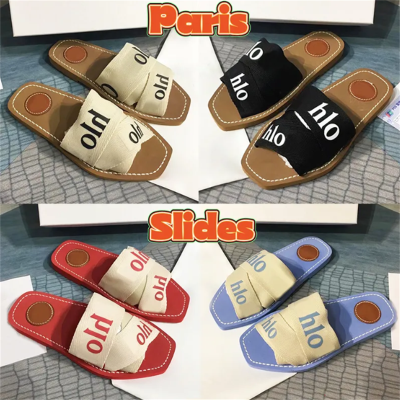 

Luxury Designer Slippers Woody Flat Mule Slide Sandals Embroidered Embossed Linen Fashion Beach Women Slides Home Shoes