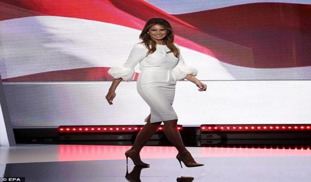 

New Celebrity Party Gowns Melania Trump Little White Dresses Sheath Crew Neckline Pleated with Baloon Sleeves And Back Split Knee 8675286, Hunter