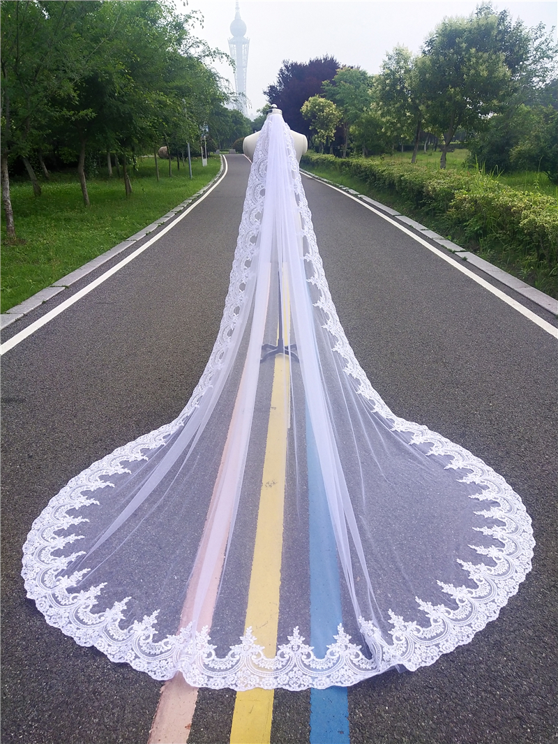 

Real Photos Bridal Veils Cathedral Long Lace Wedding Veil With Comb One Layer High Quality 3 Meters White Ivory Voile Mariage