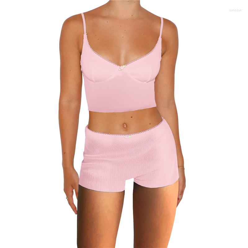 

Women' Tracksuits Xingqing Pink Knitted Womens Y2k Two Piece Set Spaghetti Strap Sleeveless Crop Top With Bow And Shorts 2000s Outfit, As photo shows