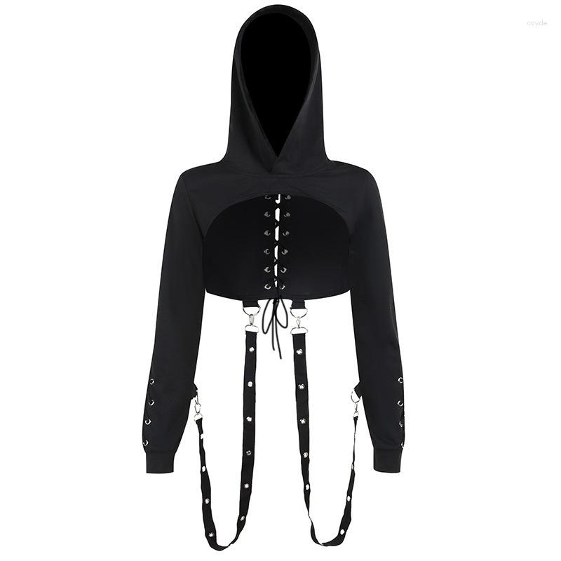 

Women' Hoodies Autumn Aesthetic Gothic Short Hoodie Crop Top Grunge Black Pullover Women Y2k Vintage Lace-Up Bandage Sweatshirts